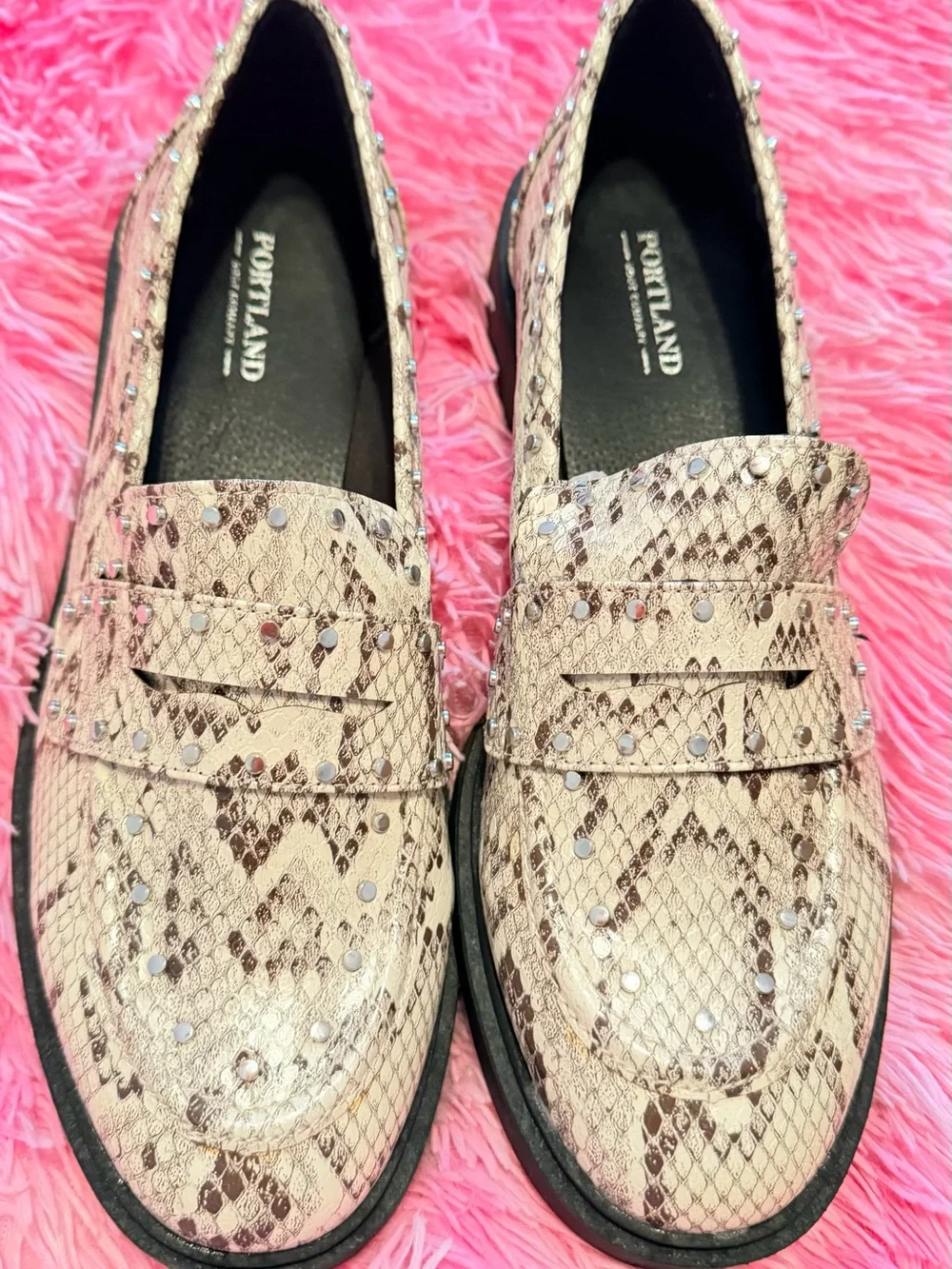 Men's Snake-Print Studded Penny Loafers in Beige